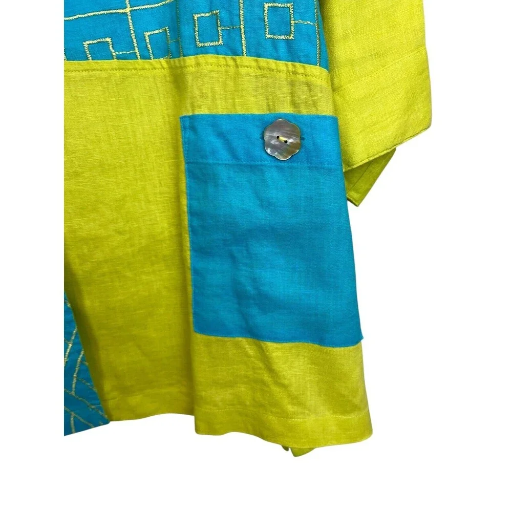 Ali Miles Vintage Turquoise & Lime Linen Lagenlook Shacket Jacket Top Size 1X